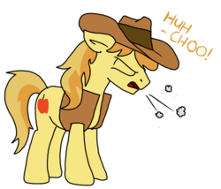 Size: 1024x877 | Tagged: safe, artist:anyponedrawn, braeburn, g4, hat, male, simple background, sneeze cloud, sneezing, solo, white background