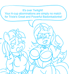 Size: 657x700 | Tagged: safe, artist:secretfriend, trixie, twilight sparkle, unicorn, anthro, g4, a-cup angst, arm hooves, breast envy, breasts, busty trixie, crying, female, great and powerful, large butt, monochrome, smug