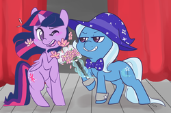 Size: 1380x913 | Tagged: safe, artist:mt, trixie, twilight sparkle, alicorn, pony, g4, female, flower, lesbian, mare, ship:twixie, shipping, solo, twilight sparkle (alicorn)