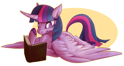 Size: 1250x664 | Tagged: safe, artist:lacedharlot, twilight sparkle, alicorn, pony, g4, book, female, mare, reading, solo, twilight sparkle (alicorn), underhoof