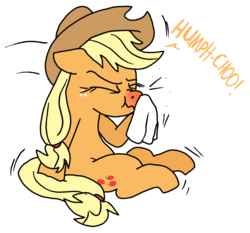 Size: 1024x953 | Tagged: safe, artist:anyponedrawn, applejack, g4, allergies, cold, handkerchief, nose blowing, nose wrinkle, red nosed, sick, sneezing, tissue