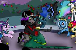 Size: 1500x1000 | Tagged: dead source, safe, artist:terezas474747, king sombra, nightmare moon, princess celestia, queen chrysalis, starlight glimmer, sunset shimmer, trixie, alicorn, changeling, pony, unicorn, g4, antagonist, bipedal, dancing, female, hypnosis, male, ship:chrysombra, shipping, straight, unholy matrimony