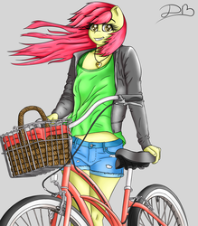 Size: 1400x1600 | Tagged: safe, artist:dreambreaker, apple bloom, earth pony, anthro, g4, bicycle, clothes, female, jacket, long mane, older, smiling, solo