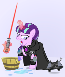 Size: 758x900 | Tagged: safe, artist:pixelkitties, starlight glimmer, g4, the cutie map, armor, cloak, clothes, crossover, female, levitation, lightsaber, magic, mouse droid, open mouth, raised hoof, sith, sithlight glimmer, solo, star wars, telekinesis