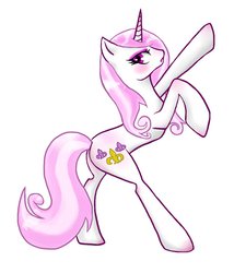 Size: 828x966 | Tagged: safe, artist:shark-sheep, fleur-de-lis, pony, unicorn, g4, blushing, butt, female, looking back, open mouth, plot, pointing, rearing, solo