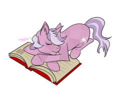Size: 650x480 | Tagged: safe, artist:fantasyinsanity, oc, oc only, oc:quartz horn, crystal pony, pony, unicorn, book, sleeping, solo, studying