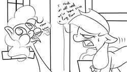 Size: 2480x1417 | Tagged: safe, artist:theponybox696, applejack, pinkie pie, comic:the cutie pee, g4, the cutie map, black and white, desperation, grayscale, monochrome, need to pee, omorashi, potty time