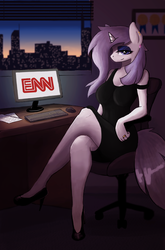 Size: 1700x2583 | Tagged: safe, artist:vulpessentia, oc, oc only, oc:platinum decree, unicorn, anthro, plantigrade anthro, anthro oc, bedroom eyes, black dress, cable news network, chair, clothes, cnn, computer, crossed legs, desk, dress, earring, high heels, logo parody, looking at you, manehattan, monitor, off shoulder, office, piercing, sitting, smiling, solo, wedding ring, window