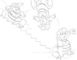 Size: 3258x2541 | Tagged: safe, artist:catstuxedo, pinkie pie, human, g4, the cutie map, fat, female, high res, humanized, monochrome, pudgy pie, scene interpretation, solo, stairs