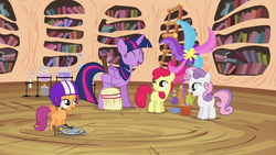 Size: 1280x720 | Tagged: safe, screencap, apple bloom, scootaloo, sweetie belle, twilight sparkle, alicorn, pony, g4, twilight time, cutie mark crusaders, female, mare, twilight sparkle (alicorn)