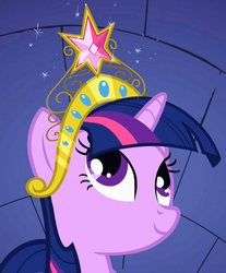 Size: 410x495 | Tagged: safe, screencap, twilight sparkle, unicorn, friendship is magic, g4, big crown thingy, element of magic, female, smiling, solo, unicorn twilight