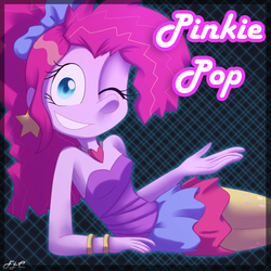 Size: 1000x1000 | Tagged: safe, artist:fj-c, pinkie pie, equestria girls, friendship through the ages, g4, bare shoulders, clothes, female, humanized, new wave pinkie, skirt, sleeveless, solo, strapless, wink