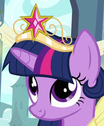 Size: 410x497 | Tagged: safe, screencap, twilight sparkle, alicorn, pony, g4, magical mystery cure, big crown thingy, element of magic, female, mare, smiling, solo, twilight sparkle (alicorn)