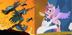 Size: 744x366 | Tagged: safe, idw, screencap, princess cadance, queen chrysalis, shining armor, alicorn, changeling, changeling queen, pony, unicorn, g4, the crystal empire, spoiler:comic, spoiler:comicfiendshipismagic5, armpits, comparison, competition, epic changeling tossing, epic wife tossing, fastball special, female, horn, horn crystals, male, mare, minion abuse, opposites, stallion, toss