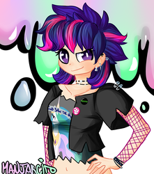 Size: 1500x1700 | Tagged: safe, artist:manjarcito, twilight sparkle, human, g4, alternate hairstyle, belly button, female, humanized, midriff, punklight sparkle, solo