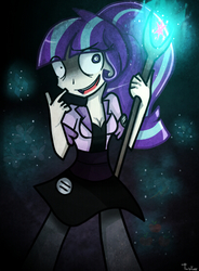 Size: 406x553 | Tagged: safe, artist:twilytrinky, starlight glimmer, human, g4, the cutie map, cleavage, clothes, cutie mark vault, female, humanized, insanity, s5 starlight, skirt, slasher smile, snaplight glimmer, solo, staff, staff of sameness