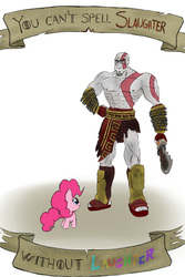 Size: 800x1200 | Tagged: safe, artist:sanyo2100, pinkie pie, pwny-verse, g4, crossover, fanfic, fanfic art, fanfic cover, filly, god of war, kratos, looking up, smiling, smirk, tiny ponies