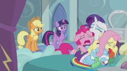 Size: 1248x702 | Tagged: safe, screencap, applejack, fluttershy, pinkie pie, rainbow dash, rarity, tank, twilight sparkle, alicorn, pony, g4, season 5, tanks for the memories, animated, bathrobe, bed, calm, clothes, cry pile, crying, crying inside, dashie slippers, dresser, female, gif, incredulous, leg wiggle, mare, rainbow dash's house, robe, skeptical, sleeping, slippers, snuggling, squirming, stoic, tank slippers, twilight sparkle (alicorn)