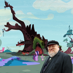 Size: 720x720 | Tagged: safe, screencap, spike, twilight sparkle, alicorn, pony, castle sweet castle, g4, female, game of thrones, george r.r. martin, golden oaks library, mare, photoshop, ruins, twilight sparkle (alicorn), twilight starkle