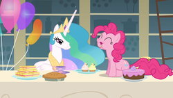 Size: 1366x768 | Tagged: safe, screencap, pinkie pie, princess celestia, alicorn, earth pony, pony, a bird in the hoof, g4, amused, balloon, cake, cup, cupcake, eating, ethereal mane, eyes closed, female, flowing mane, food, lidded eyes, mare, multicolored mane, open mouth, party, pie, pinkie being pinkie, puffy cheeks, sandwich, sin of gluttony, sitting, smiling, teacup