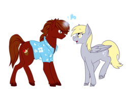 Size: 1400x1050 | Tagged: safe, artist:siinew, derpy hooves, oc, oc:rum chaser, pegasus, pony, g4, clothes, female, hawaiian shirt, heart eyes, mare, scar, unshorn fetlocks, wingding eyes