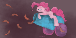 Size: 9971x5000 | Tagged: safe, artist:houghtaling6, pinkie pie, g4, absurd resolution, bedroom eyes, female, floppy ears, licking lips, party cannon, prone, sausage, smirk, solo, tongue out, wat