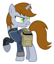 Size: 825x968 | Tagged: safe, artist:aborrozakale, oc, oc only, oc:littlepip, pony, unicorn, fallout equestria, g4, inspiration manifestation, black book, clothes, corrupted, fanfic, fanfic art, female, jumpsuit, mare, pipbuck, possessed, saddle bag, simple background, solo, transparent background, vault suit