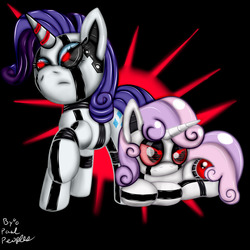 Size: 1280x1280 | Tagged: safe, artist:paulpeopless, rarity, sweetie belle, pony, robot, robot pony, unicorn, cutie mark, female, filly, foal, hooves, horn, mare, prone, raised hoof, raribot, red eyes, solo, sweetie bot