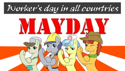 Size: 920x518 | Tagged: safe, artist:sewlde, nurse coldheart, nurse snowheart, roma, oc, earth pony, pony, g4, female, hard hat, hat, international worker's day, male, mare, may day, stallion, worker's day