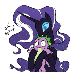 Size: 800x800 | Tagged: safe, artist:glacierclear, artist:glacierclear edits, edit, nightmare rarity, spike, dragon, pony, unicorn, g4, female, frown, grin, hug, male, non-consensual cuddling, scared, ship:nightmare sparity, shipping, simple background, smiling, straight, transparent background, wide eyes