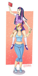 Size: 600x1202 | Tagged: safe, artist:costalonga, rainbow dash, twilight sparkle, human, g4, belly button, cleavage, clothes, female, hair over one eye, humanized, midriff, school uniform, tank top