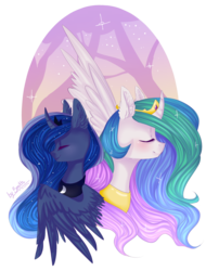 Size: 1280x1684 | Tagged: dead source, safe, artist:yanshiki, princess celestia, princess luna, alicorn, pony, g4, curved horn, eyes closed, horn, sisters, smiling