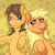 Size: 600x600 | Tagged: safe, artist:seffiron, applejack, caramel, pony, g4, :p, aftersex, bedroom eyes, blushing, female, hay, male, mare, missing accessory, on back, ship:carajack, shipping, smiling, stallion, straight, tongue out