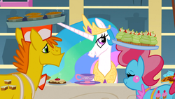 Size: 1366x768 | Tagged: safe, screencap, carrot cake, chance-a-lot, creme brulee, cup cake, princess celestia, alicorn, earth pony, pony, a bird in the hoof, g4, cookie, cup, cupcake, female, food, male, mare, stallion, teacup