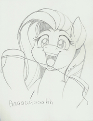 Size: 1275x1650 | Tagged: safe, artist:latecustomer, fluttershy, pegasus, pony, g4, female, floss, flossing, monochrome, sketch, smiling, solo, traditional art