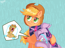 Size: 949x705 | Tagged: safe, artist:jowyb, applejack, twilight sparkle, alicorn, earth pony, pony, twijack weekly, g4, tanks for the memories, abstract background, applejack cries on the inside, applejack's hat, comfort, cowboy hat, crying, crying inside, female, freckles, hat, lesbian, mare, nose in the air, ocular gushers, open mouth, sad, ship:twijack, shipping, sitting, twilight sparkle (alicorn), volumetric mouth