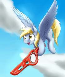 Size: 1663x1980 | Tagged: safe, artist:otakuap, derpy hooves, pegasus, pony, g4, cloud, crossover, epic derpy, female, flying, mare, monado, open mouth, open smile, smiling, solo, spread wings, sword, weapon, wings, xenoblade chronicles, xenoblade chronicles (series), xk-class end-of-the-world scenario
