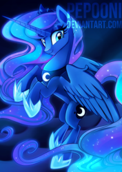 Size: 1281x1806 | Tagged: safe, artist:pepooni, princess luna, alicorn, pony, g4, cute, female, flying, looking at you, lunabetes, mare, solo, watermark
