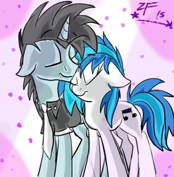 Size: 540x546 | Tagged: safe, artist:zaphyray, dj pon-3, neon lights, rising star, vinyl scratch, pony, unicorn, g4, clothes, duo, eyes closed, female, floppy ears, male, mare, necktie, nuzzling, ship:vinylights, shipping, shirt, stallion, straight