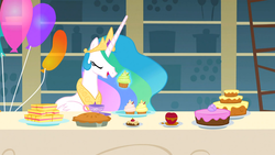Size: 1366x768 | Tagged: safe, screencap, princess celestia, alicorn, pony, a bird in the hoof, g4, balloon, cake, caramel apple (food), cup, cupcake, female, folded wings, food, ladder, magic, magic aura, mare, open mouth, open smile, pie, sandwich, smiling, solo, teacup, telekinesis, wings