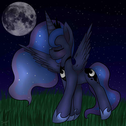 Size: 1200x1200 | Tagged: safe, artist:dweebpone, princess luna, alicorn, pony, g4, eyes closed, female, full moon, mare, moon, night, outdoors, solo, spread wings, wings