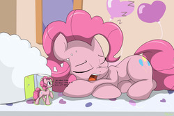 Size: 2775x1857 | Tagged: safe, artist:mistydash, pinkie pie, g4, crossover, dream, duality, eyes closed, female, micro, open mouth, sleeping, sleepy time, snoring, solo, spongebob squarepants, zzz