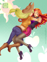 Size: 1024x1331 | Tagged: safe, artist:usagilau, applejack, sunset shimmer, equestria girls, g4, boots, clothes, female, fishnet stockings, front knot midriff, high heels, holding hands, humanized, jeans, lesbian, midriff, nail polish, ship:appleshimmer, shipping, skirt