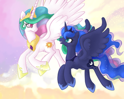 Size: 1024x819 | Tagged: safe, artist:littlebuster-k2, princess celestia, princess luna, g4, flying