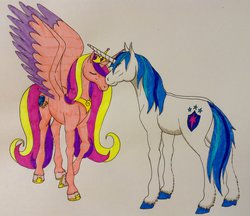 Size: 1600x1382 | Tagged: safe, artist:zalia13, princess cadance, shining armor, horse, g4, eyes closed, female, hoers, horn, horns are touching, male, realistic, ship:shiningcadance, shipping, simple background, straight, traditional art