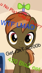 Size: 627x1080 | Tagged: safe, button mash, earth pony, pony, g4, colt, hat, image macro, male, smiling, solo, text