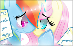 Size: 1355x858 | Tagged: safe, artist:miian123, fluttershy, rainbow dash, g4, female, lesbian, misspelling, ship:flutterdash, shipping