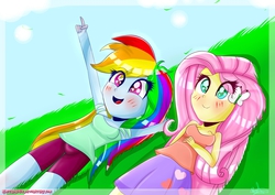 Size: 2450x1734 | Tagged: safe, artist:vixelzf, fluttershy, rainbow dash, equestria girls, g4, blushing, clothes, humanized, pointing, skirt, smiling, tank top