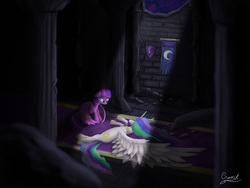 Size: 5000x3750 | Tagged: safe, artist:craszh, princess celestia, twilight sparkle, alicorn, pony, g4, princess twilight sparkle (episode), castle of the royal pony sisters, deadlestia, female, mare, scene interpretation, twilight sparkle (alicorn)