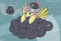 Size: 900x617 | Tagged: safe, artist:dizaster321, fluttershy, private pansy, g4, armor, clothes, cloud, costume, female, helmet, solo